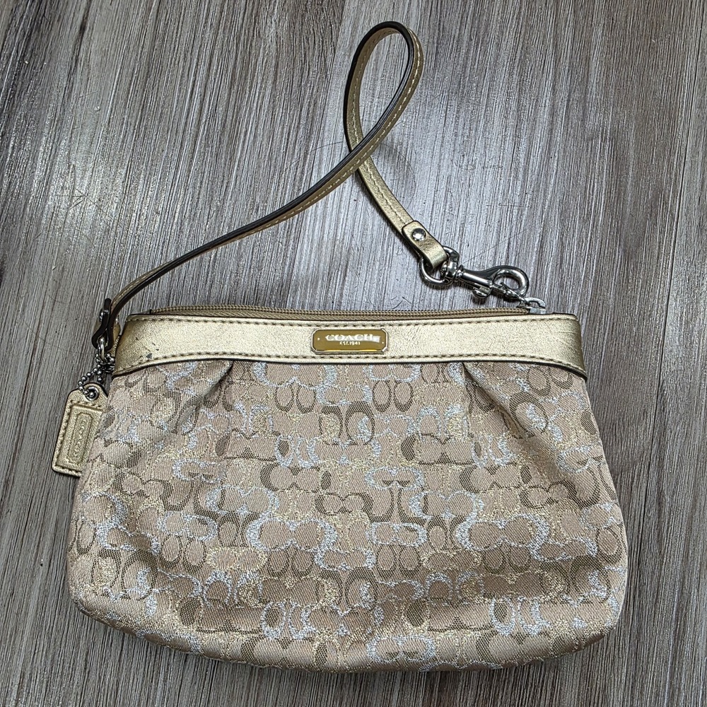 Coach Wristlet Tan Gold Signature Monogram Print Jacquard